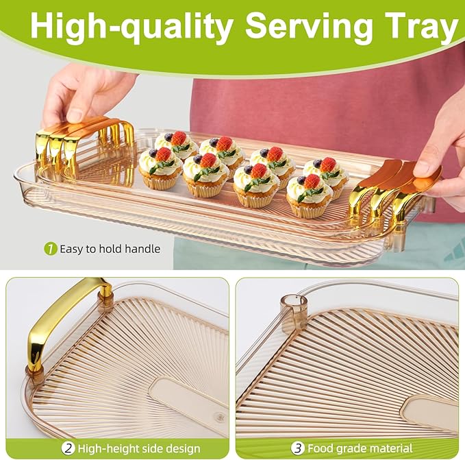 3 Pack Serving Tray with Handles, Stackable Reusable Trays for Serving Food, Plastic Serving Platters for Party, Charcuterie, Fruit, Appetizer, Amber Gold