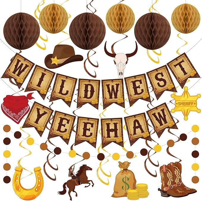 Western Party Decorations Pre-Strung Wild West Yee Haw Banner West Cowboy Hanging Swirls Honeycomb Balls Circle Dots Garland Ceiling Streamers for boys Western Cowboy Themed Birthday Party Decor