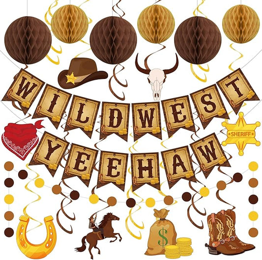 Western Party Decorations Pre-Strung Wild West Yee Haw Banner West Cowboy Hanging Swirls Honeycomb Balls Circle Dots Garland Ceiling Streamers for boys Western Cowboy Themed Birthday Party Decor