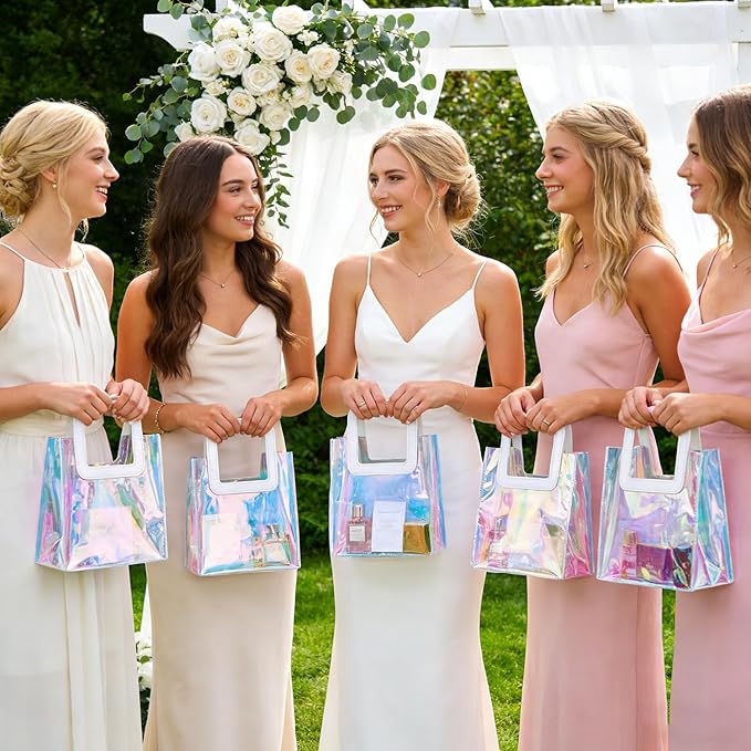 20 Pcs Reusable Holographic Medium Gift Bags with Handle 11''x9.8''x5.7'' Iridescent Bachelorette Party Favor Bags Clear PVC Tote Goodie Bags for Shopping, Picnics, Baby Showers, Weddings, Holidays