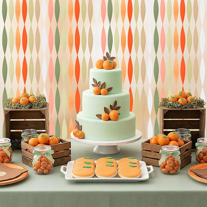 Epakh 12 Rolls Sage Green/Orange Crepe Paper Streamers (984ft) - Little Cutie Baby Shower Party Decorations, Natural Birthday Supplies, Sage Green and Orange Baby in Bloom Theme Party Decor