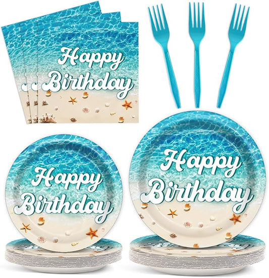 CHUNNIN 96Pcs Beach Happy Birthday Plates and Napkins Ocean Waves Ocean Seashell Party Decorations Beach Themed Party Dessert Plates Summer Pool Tableware for 24 Guests Hawaiian Supplies