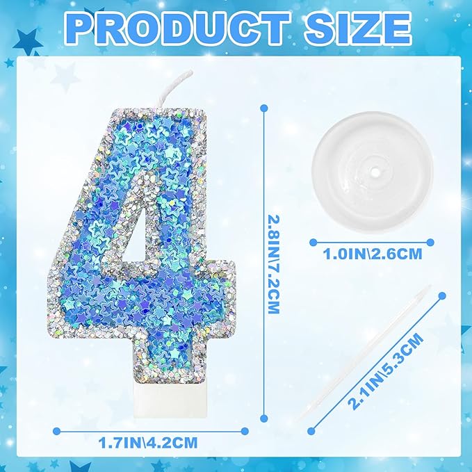 Blue Star Number 4 Candle for Cake Decoration, Glitter Star Cake Topper, Shaker Style Number Candle for Anniversary Celebration Party Supplies