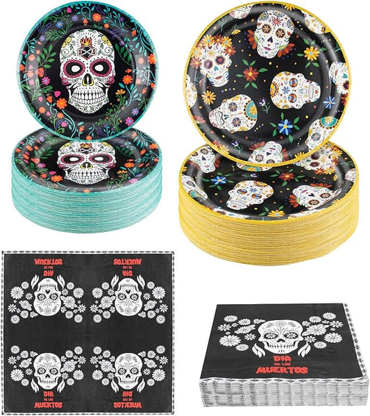 180Pcs Day of the Dead Party Supplies Paper Plates and Napkins Serve 60 Disposable Tableware Set for Birthday Party Decorations Game Day Family Holiday Sports Events