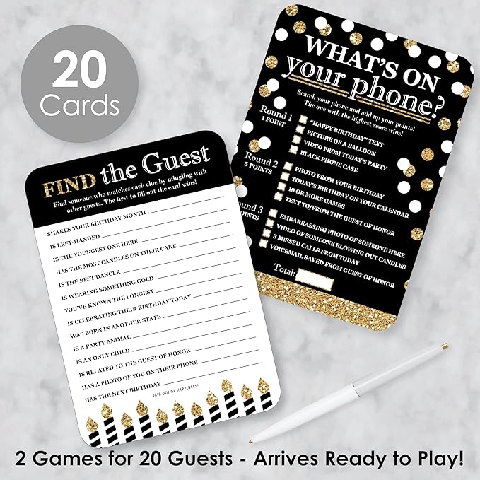 Big Dot of Happiness Adult Happy Birthday - Gold - 2-in-1 Birthday Party Cards - Activity Duo Games - Set of 20 (Pack of 2)