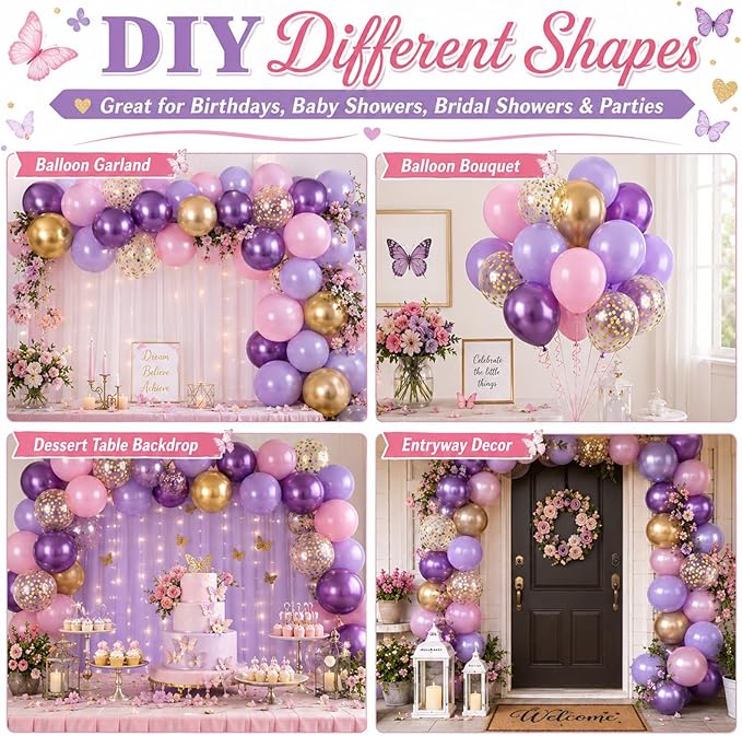 Pink and Purple Balloons, 60PCS Pastel Purple and Pink Balloons, 12 Inch Metallic Gold Confetti Latex Balloon for Women Girls Baby Shower Bridal Shower Birthday Butterfly Party Decor