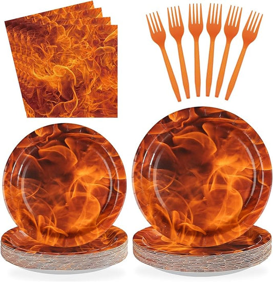 96Pcs Fire Party Decorations Fire Flame Plates and Napkins Fireman Themed Tableware Set for Firefighter Birthday Bonfire Firetruck Theme supplies Party Supplies Serves 24