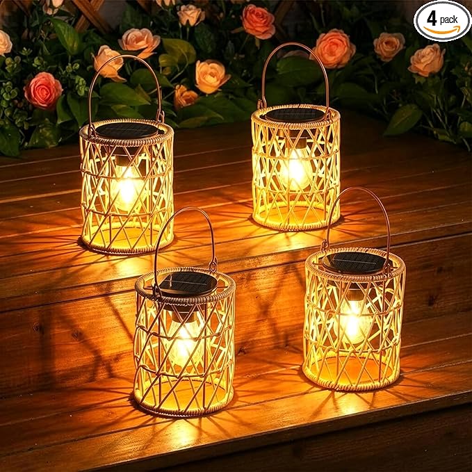 KOOPER Solar Lantern Outdoor Lights, 4 Pack Bright Hanging Solar Lanterns Outdoor Waterproof with Handle, Decoration Rattan Lanterns for Outside Hanging Garden Patio Yard Porch Trees Lawn Pathway Gift