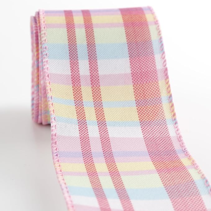 Meseey 2.5 Inch x 10 Yards Pastel Plaid Wired Ribbon, Buffalo Check Wired Edge Ribbon for Easter Wreaths, Gift Wrapping, Easter Baskets, Crafts, Spring Party Decorations