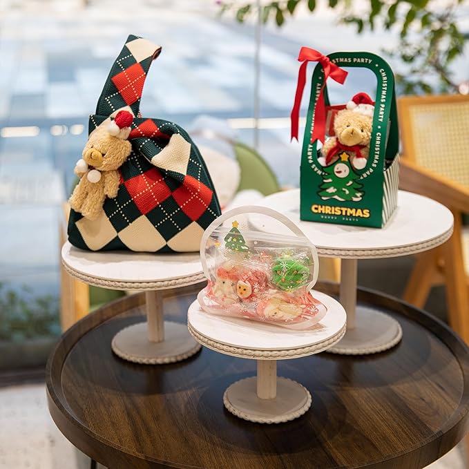 GENMOUS 8", 10", 12" Rustic Farmhouse Cake Stand, Decorative Wooden Beaded Cake and Cupcake Stand Combo for Birthday Party Decor, 3 Tiered Dessert Table Display Set for Wedding, Baby Shower, White