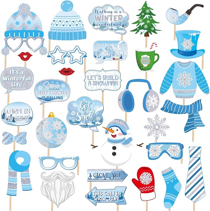 Glitter Winter Photo Booth Props Set,32pcs Winter Wonderland Decorations,Fun Snowman Snowflake Selfie Props Signs,Christmas Photo Backdrop Table Decorations for Holiday Birthday Party Favors Supplies