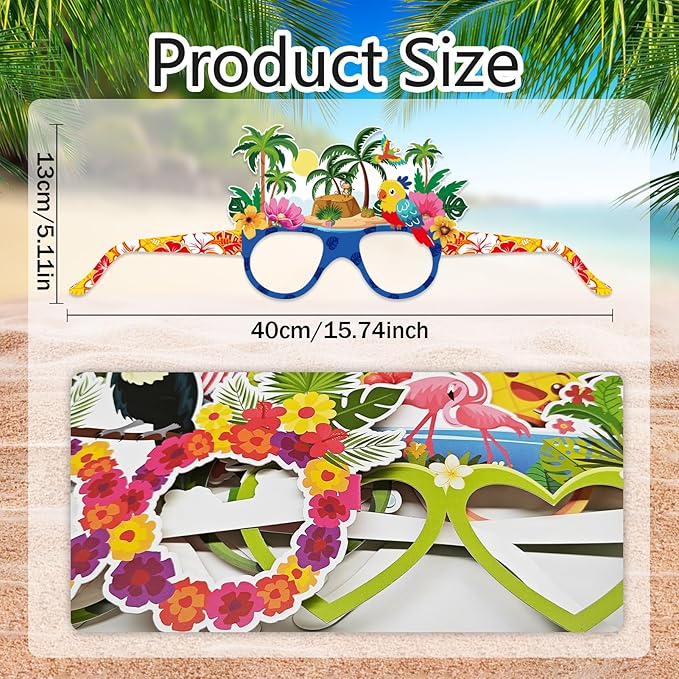Qpout 26 Pack Luau Party Decorations Glasses Funny Hawaiian Paper Eyeglasses Tropical Fancy Dress Props Glasses Frame for Summer Beach Hawaii Holiday Party Themed Favors Supplies Decorationk