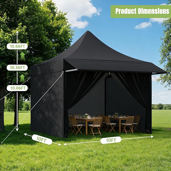 10x10 Pop Up Canopy Tent with Awning and Sidewalls, 550D Commercial Canopy, Waterproof Party Tent with Roller Bag, Black