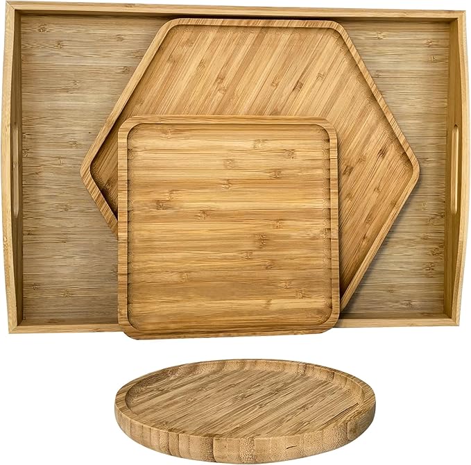 Bamboo Serving Tray Dinner Plates Cheese Board 16.5"x11.8"（42x30cm with Handle, Set Includes 1xHexagon 12.5"(32cm)+1xSquare 7.8"(20cm)+1xCircle 7.8"(20cm)