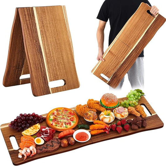 FoldTier Large Acacia Charcuterie Board with Handles 33 x 12 Inch Extra Large Christmas Wood Foldable Serving Tray Rectangular Appetizers Cheese Food Meat Board for New Home Party Housewarming Gifts
