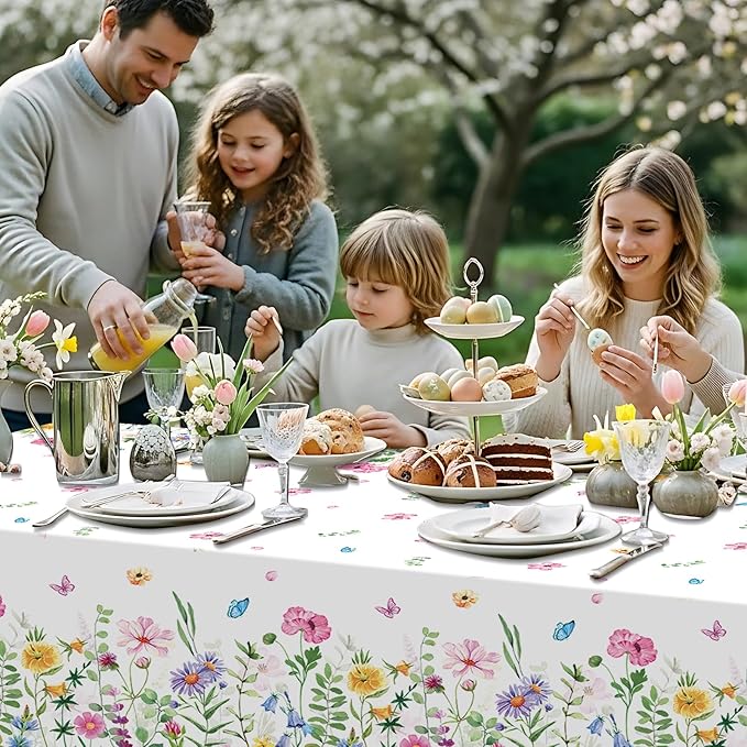 4.5x100 Feet Roll of Spring Floral Plastic Tablecloth,Pink Purple Blue Flower Butterfly Disposable Table Cover Summer Spring Photography Backdrop for Holiday Weeding Birthday Tea Party Decorations