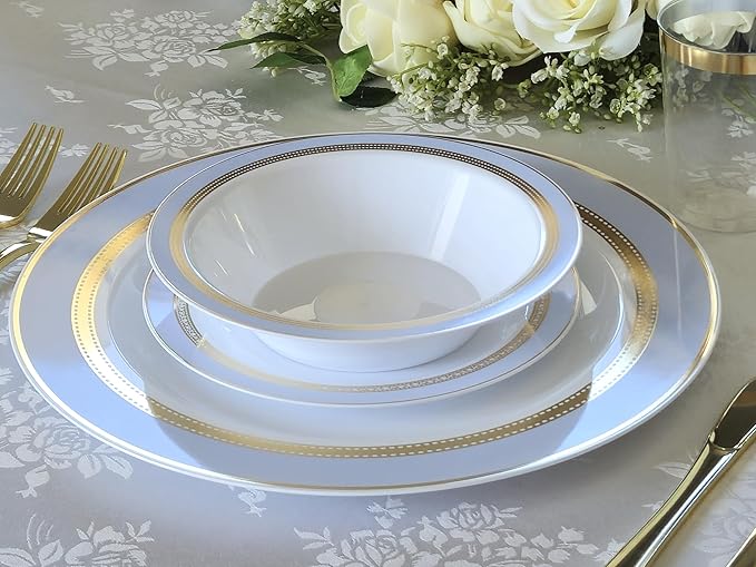 " OCCASIONS " 120 Plates Pack,(60 Guests) Heavyweight Premium Wedding Party Disposable Plastic Plates Set -60 x 10.5'' Dinner + 60 x 7.5'' Salad/Dessert (Ritz Blue and Gold)