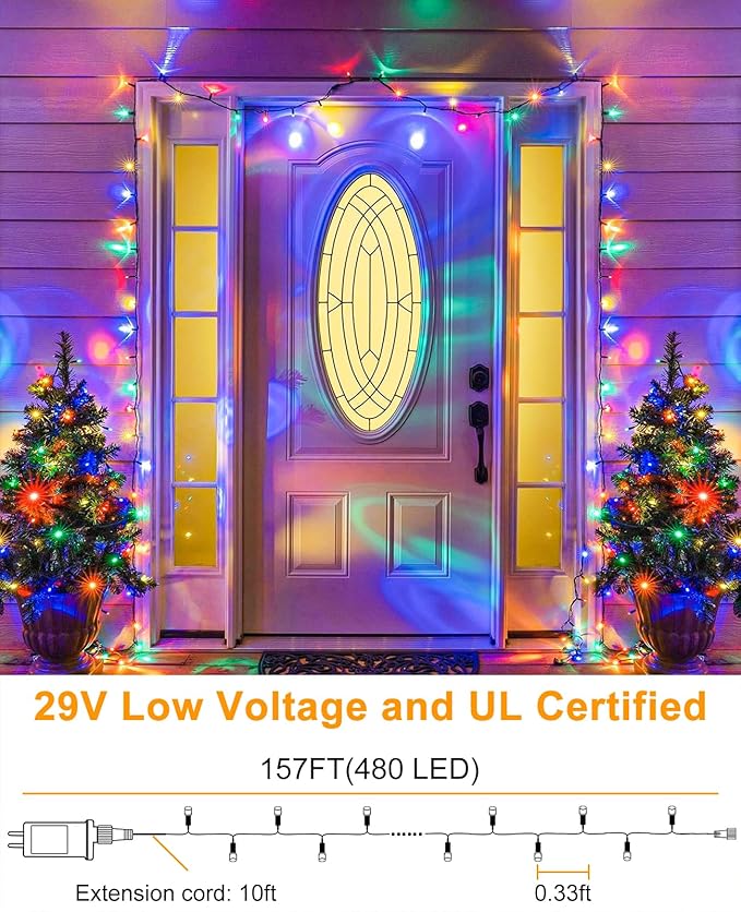 157FT 480 LED Christmas Lights Outdoor, Plug in Easter String Lights Waterproof, 8 Modes Green Wire String Twinkle Lights for Indoor Home Garden Patio Party Holiday Decorations, Multicolor