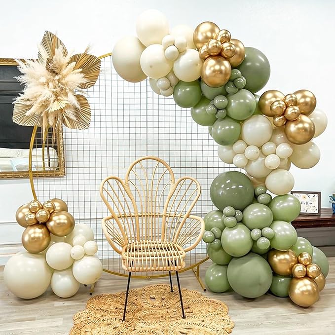 RUBFAC Sage Green Balloons, 65 Pcs Party Balloons Green Gold Sand White 12 Inches for Tiana Birthday, Wedding, Baby Shower, Eucalyptus Party Decorations