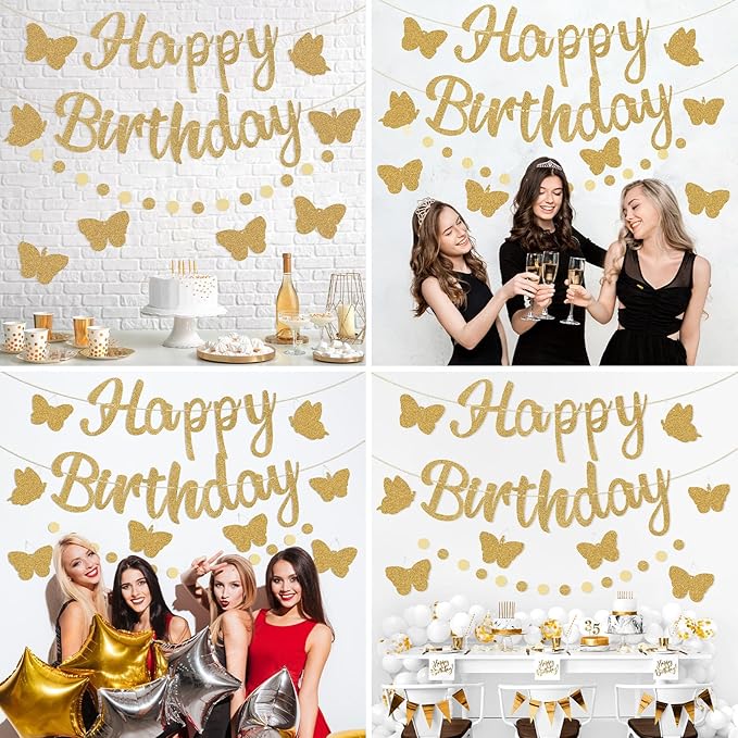 Pre-Strung Happy Birthday Banner, NO DIY Birthday Decorations with Circle Dot Garland and Butterflies, Happy Birthday Party Decorations for Women Girls (Gold)