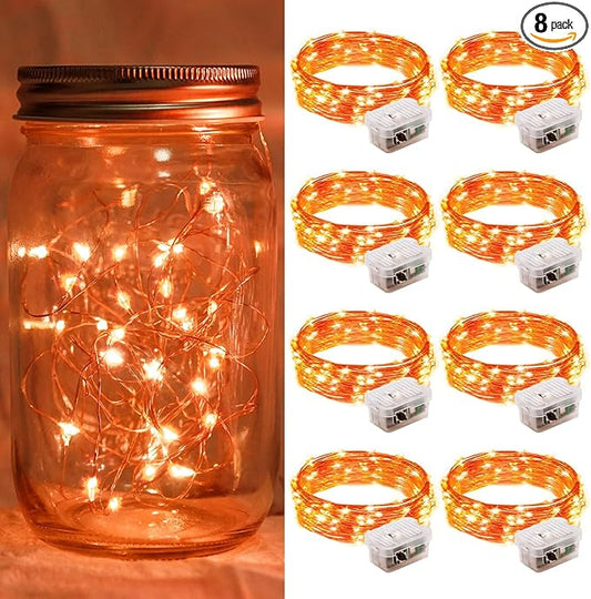 8 Pack Orange Fairy Lights 7Ft 20 LED Twinkle String Lights 3 Modes Battery Operated Waterproof Firefly Starry for Mason Jar Party Wedding Christmas Valentines Day Table Centerpieces
