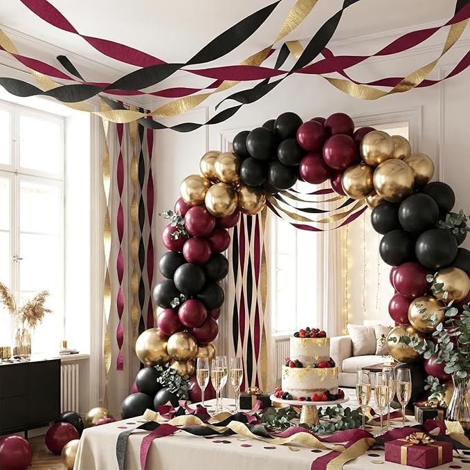 Crepe Paper Streamers 9 Rolls 738ft, Pack of Burgundy, Gold and Black Crepe Paper for Party Casino Graduation Birthday Baby Shower Decorations, 1.77 Inch x 82 Ft/Roll