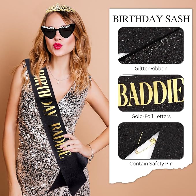 KICOSY 3PCS Birthday Baddie Sash, Crystal Crown and Sunglasses Funny Baddie Outfits Birthday Party Accessories
