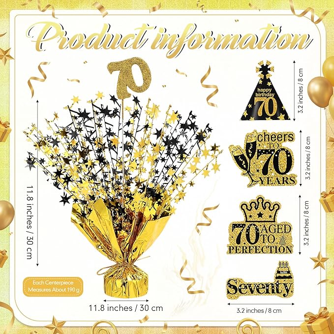 Tatuo 4 Pcs Metallic Foil Spray Centerpiece Happy 30th 40th 50th 60th 70th 80th Years Centerpiece Table Decorations for Black and Gold Birthday Anniversary Wedding Party Table Decor(70th Birthday)