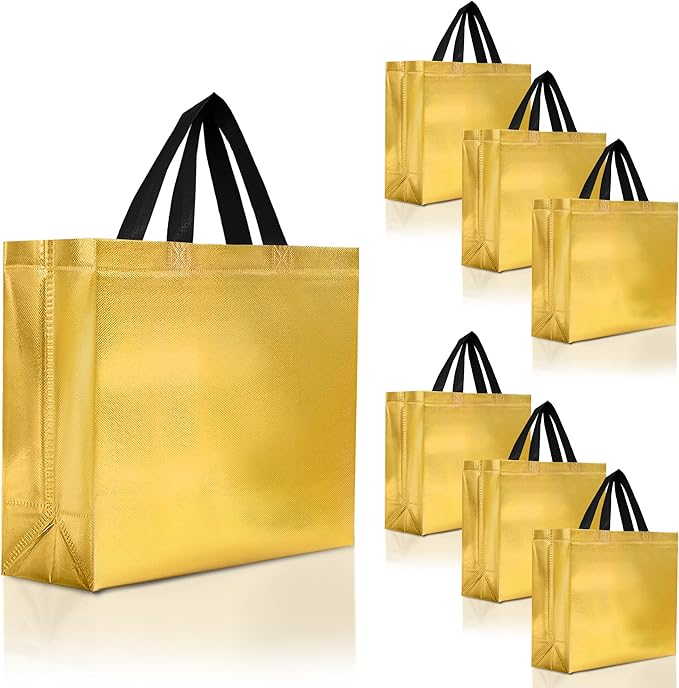 Nush Nush Gold Gift Bags Large Size in Bulk – Set of 30 Shiny Reusable Gold Gift Bags With Black Handles - Perfect for Small Businesses, Gifting, Weddings, Christmas Party Favors – 13Wx5Dx11H Size