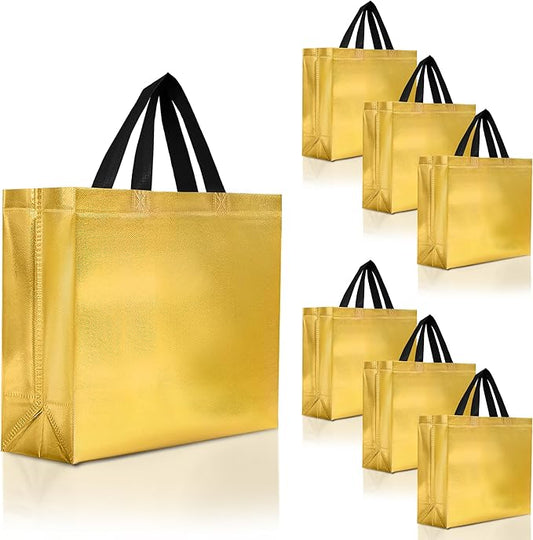 Nush Nush Gold Gift Bags Large Size in Bulk – Set of 30 Shiny Reusable Gold Gift Bags With Black Handles - Perfect for Small Businesses, Gifting, Weddings, Christmas Party Favors – 13Wx5Dx11H Size