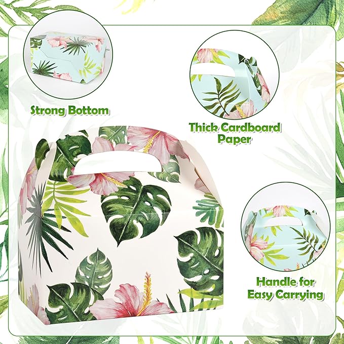 DjinnGlory 36 Pack Hawaiian Luau Party Favor Treat Boxes, Gable Boxes for Wedding, Bridal Shower, Annivesary Parties, All Occasion and Small Bussiness 6.18x3.58x3.39 Inches (Tropical Palm Leaf)