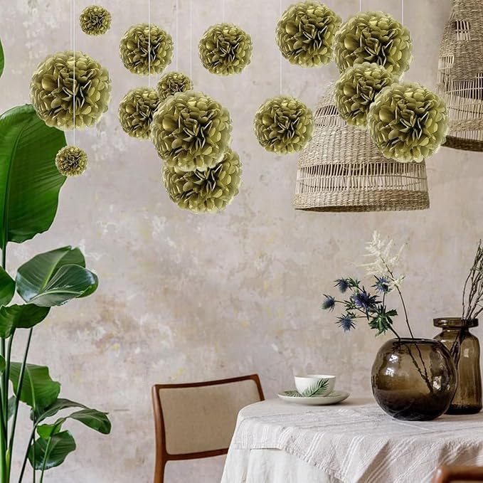20 PCS Golden Tissue Paper Pom Poms, Tissue Pom Poms Flowers, Sizes of 6", 10", 12", 14" Hanging Paper Flower Ball for Wedding, Birthday, Halloween, Christmas, Baby Shower Party Decor