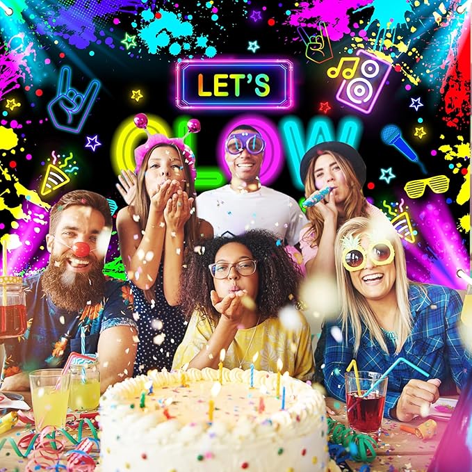 Avezano Glow in The Dark Backdrop Neon Party Decorations Let’s Glow Banner Birthday Party Background Graffiti Splash (No Real Lights) Photo Booth Props 6 x 3.6 ft