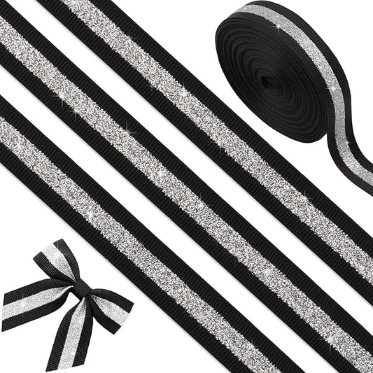 Black Silver Glitter Grosgrain Ribbon 5/8" x 10 Yards - No-Shed Cheer Ribbon for Cheerleading Hair Bows, New Years Party Decorations, Homecoming Mum Supplies, Team Spirit Crafts Gift Wrapping
