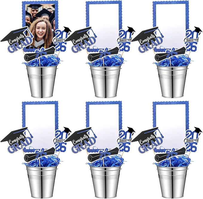 Foilswirl 6 Set 2026 Graduation Table Centerpieces Photo Table Toppers with Small Galvanized Buckets and Shredded Paper Filler for Class of 2026 Graduation Party Decoration(Blue)
