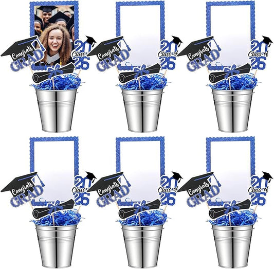 Foilswirl 6 Set 2026 Graduation Table Centerpieces Photo Table Toppers with Small Galvanized Buckets and Shredded Paper Filler for Class of 2026 Graduation Party Decoration(Blue)