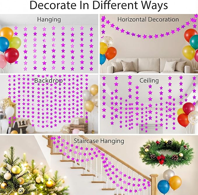 Metallic Purple Iridescent-Star-Garland 90FT – 240 Pcs Sparkling Star Streamers – Hanging Glitter Star Banner Backdrop for Birthday, Baby Shower, Wedding, Christmas Party Decorations (6 Packs)