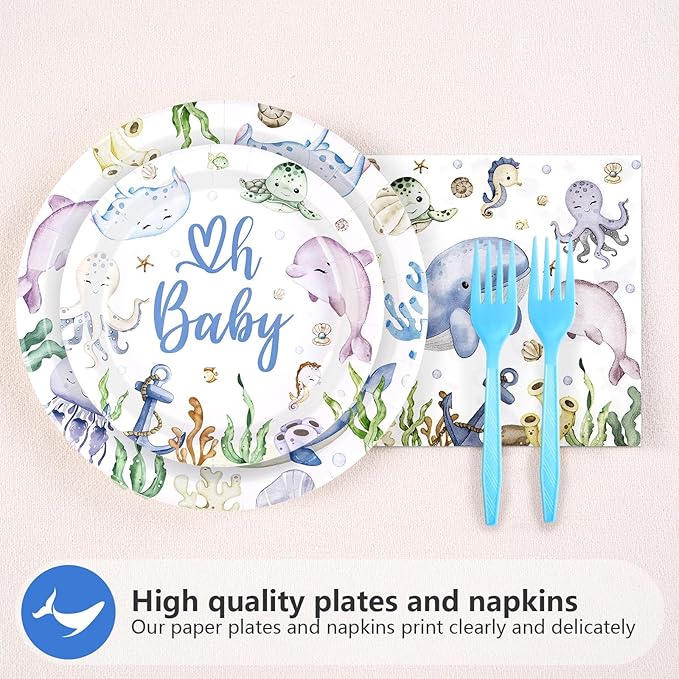 96Pcs Under The Sea Supplies Ocean Theme Party Plates and Napkins Disposable Sea Life Tableware Set Under The Sea Party Decoration for Underwater World Birthday Party Serve 24