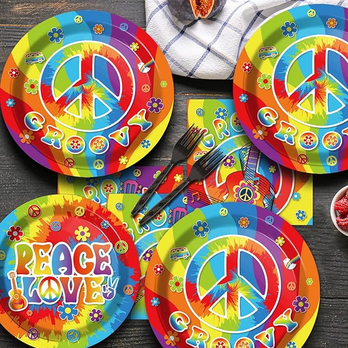 200pcs 60's Hippie Party Plates Napkins Groovy Paper Tableware Set Tie Dye Cake Dessert Disposable Dinnerware 60s 70s Hippie Party Decoration for Baby Shower Birthday Decor Supplies Serves 50