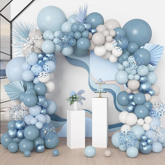Amandir 173Pcs Dusty Blue Balloon Arch Garland Kit, Baby Light Dusty Blue White Sand Metallic Blue Confetti Balloons for Boy Baby Shower Gender Reveal Wedding Birthday Party Decorations Supplies