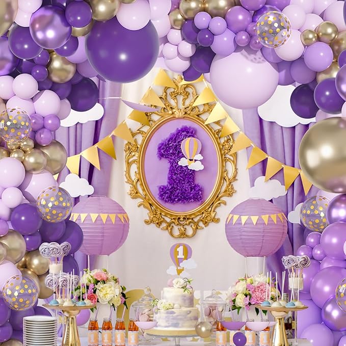 156Pcs Purple Balloon Garland Arch Kit, Butterfly Dark Purple Gold Lavender Metallic Light Pastel lilac Confetti Mother's Day Balloons, Girl Princess Butterfly Birthday Baby Shower Wedding Party