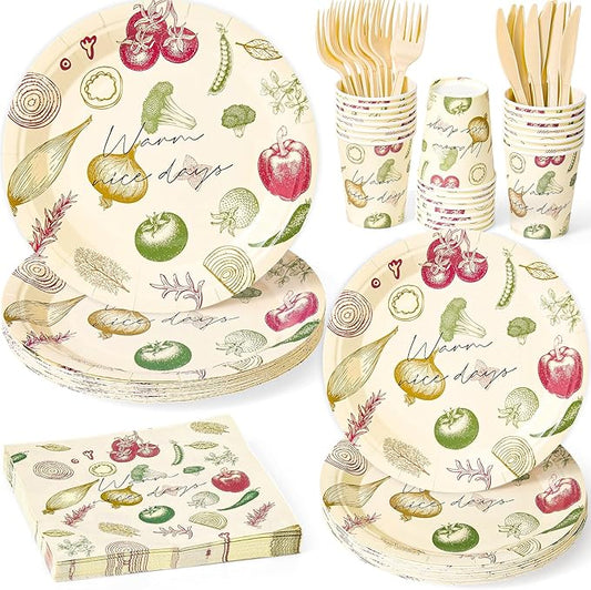 144Pcs Vegetable Birthday Party Supplies Decorations Paper Plates Napkins Vintage Party Tableware Disposable Dinnerware Set for Kids Birthday Baby Shower Table Decor, Serve 24