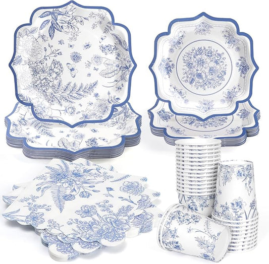 96pcs Blue and White Floral Paper Plates - Blue Flower Party Plates, Cups and Napkins Serve for 24 Baby Shower Spring Garden Birthday Wedding Tea Party Supplies Decorations