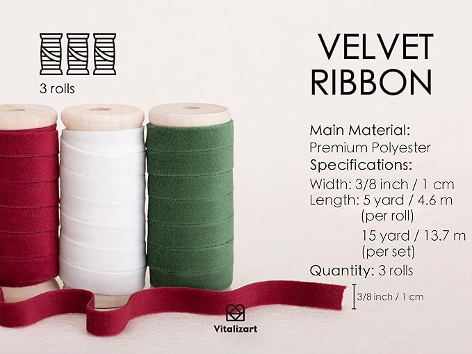 Vitalizart Christmas Velvet Ribbon Set 3/8" x 15 Yd Wooden Spool Fabric Trim 3 Rolls * 5 Yd for Christmas Wreath Decoration Handmade Craft Ornaments Gift Wrapping & Bow Making