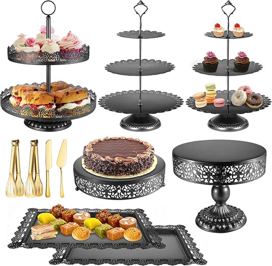 Black Cake Stand, Dessert Table Display Sets Metal Tiered Cupcake Holder Food Fruit Candy Plate Serving Tower Tray Platter With Tong, Cake Knife and Server Set For Wedding Birthday Party Decor 11PCS