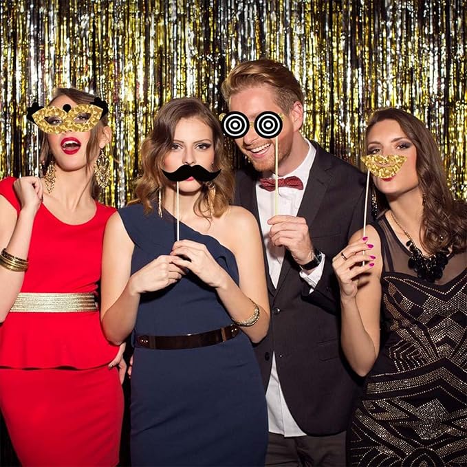 16 PCS Birthday Photo Booth Props Kit, Black & Gold Party Photo Booth Props Set, Easy-to-Assemble DIY Party Shooting Props, Birthday Selfie Props, Prom Photo Booth Prop for Women, Girls