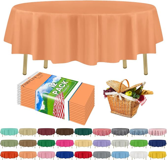 ZIMPLEWARE Premium Peach Plastic Table Cloth Disposable (12 Pack) Round Tablecloth (84in) Party Table Cloths Disposable, Perfect Table Cloth Round Cover for Any Table Up to 6 Feet