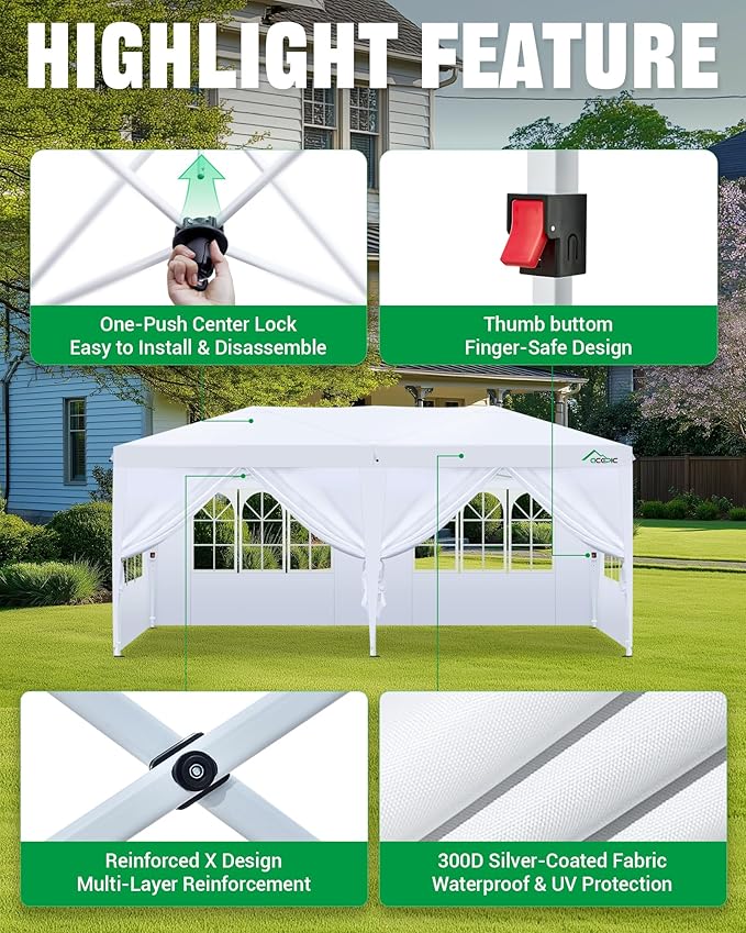Acepic 10x20 Pop Up Canopy Tent with 6 Removable Sidewalls, One-Push Center Lock Design, Commercial Grade Waterproof Party Gazebo, UV Protection Outdoor Event Shelter with Church Windows, White