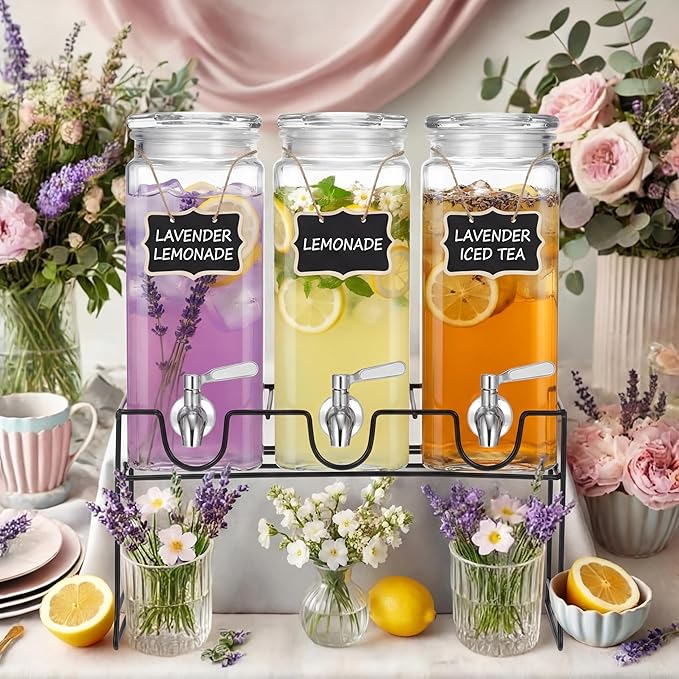 3 Pack 80 oz Tall Glass Drink Dispenser with Stand, Lid, Label and Stainless Steel Leakproof Spigot Beverage Water Dispenser Clear Mason Jar for Party Fridge(Square)