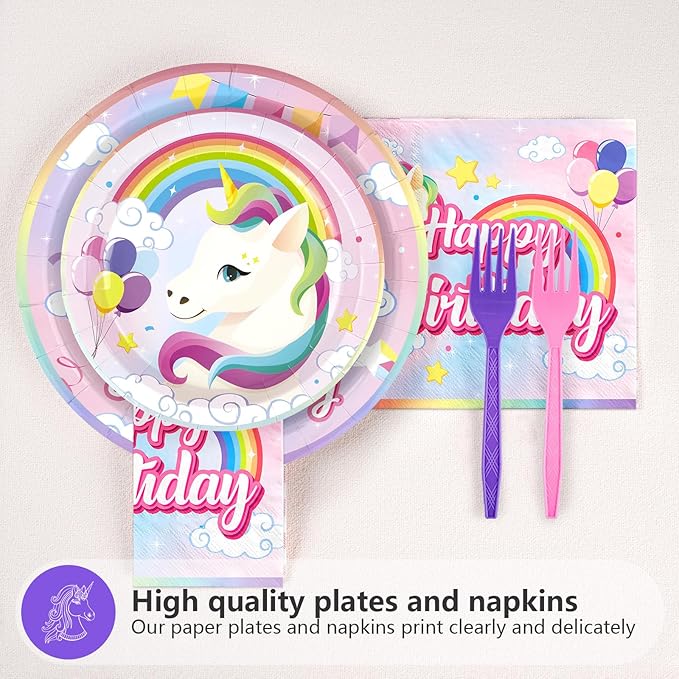 96 Pcs Unicorn 4th Birthday Party Decorations 350 GSM Disposable Rainbow Unicorn Plates and Napkins Tableware Set for Girls Unicorn Themed 4th Birthday Party Baby Shower Supplies Decorations Serves 24